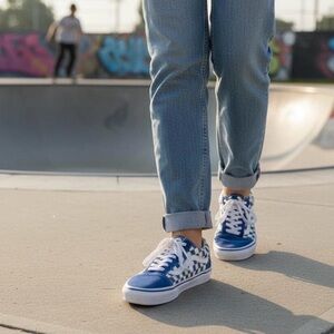 NEW Vans Old Skool (Primary Check) Trubl/Wht Blue Checkered Sneakers Skate Shoes